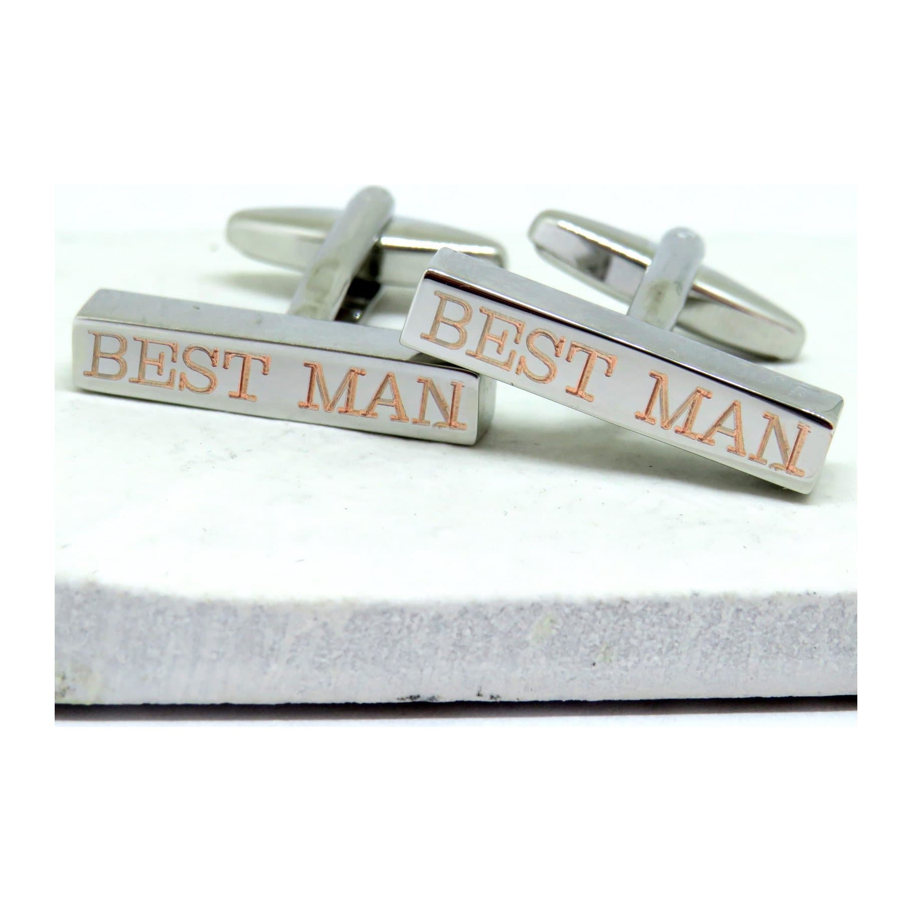 Personalised Clarendon bar cufflinks in a silver-coloured finish