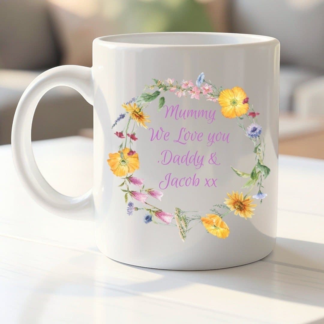 Personalised colourful flower ceramic mug with a flower design