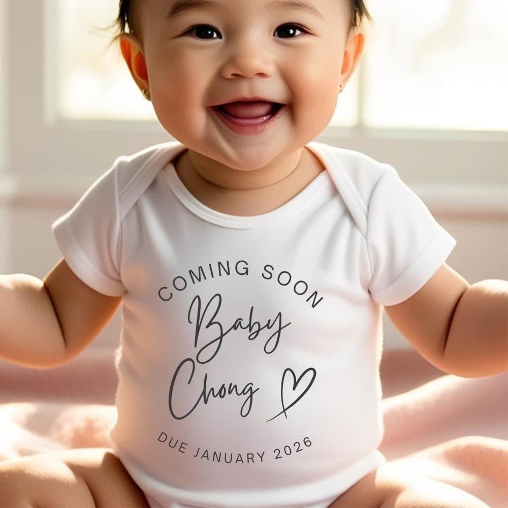 Personalised Coming Soon baby grow, vest or bib with a name