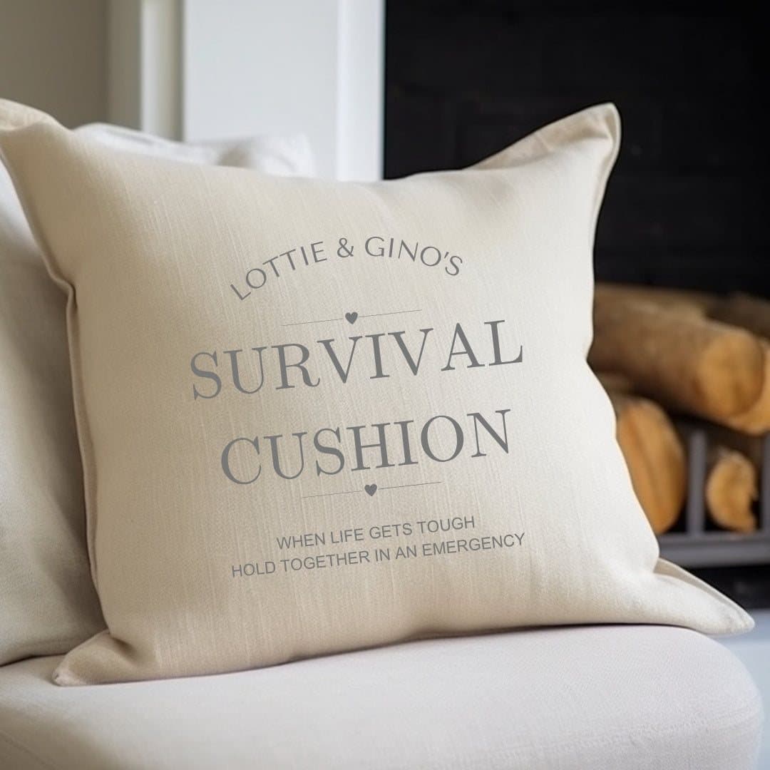Cream square cushion with the Survival Cushion words and personalised names