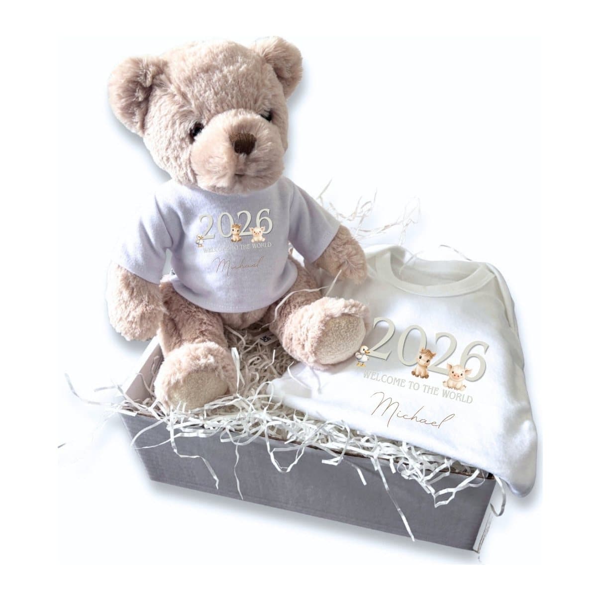 Taupe farm animals baby vest and teddy bear, personalised with a name