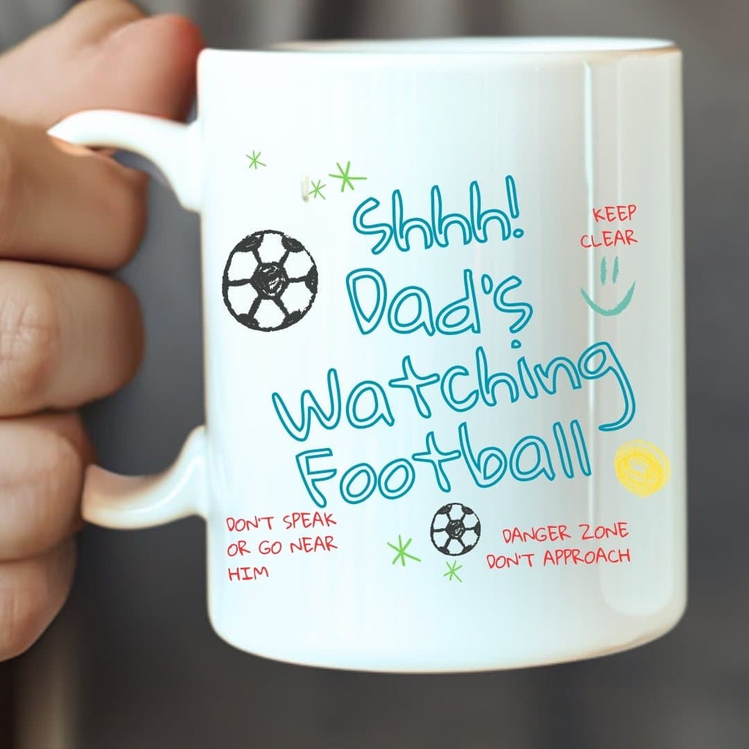 Ceramic mug with a football design for dad, personalised with a message
