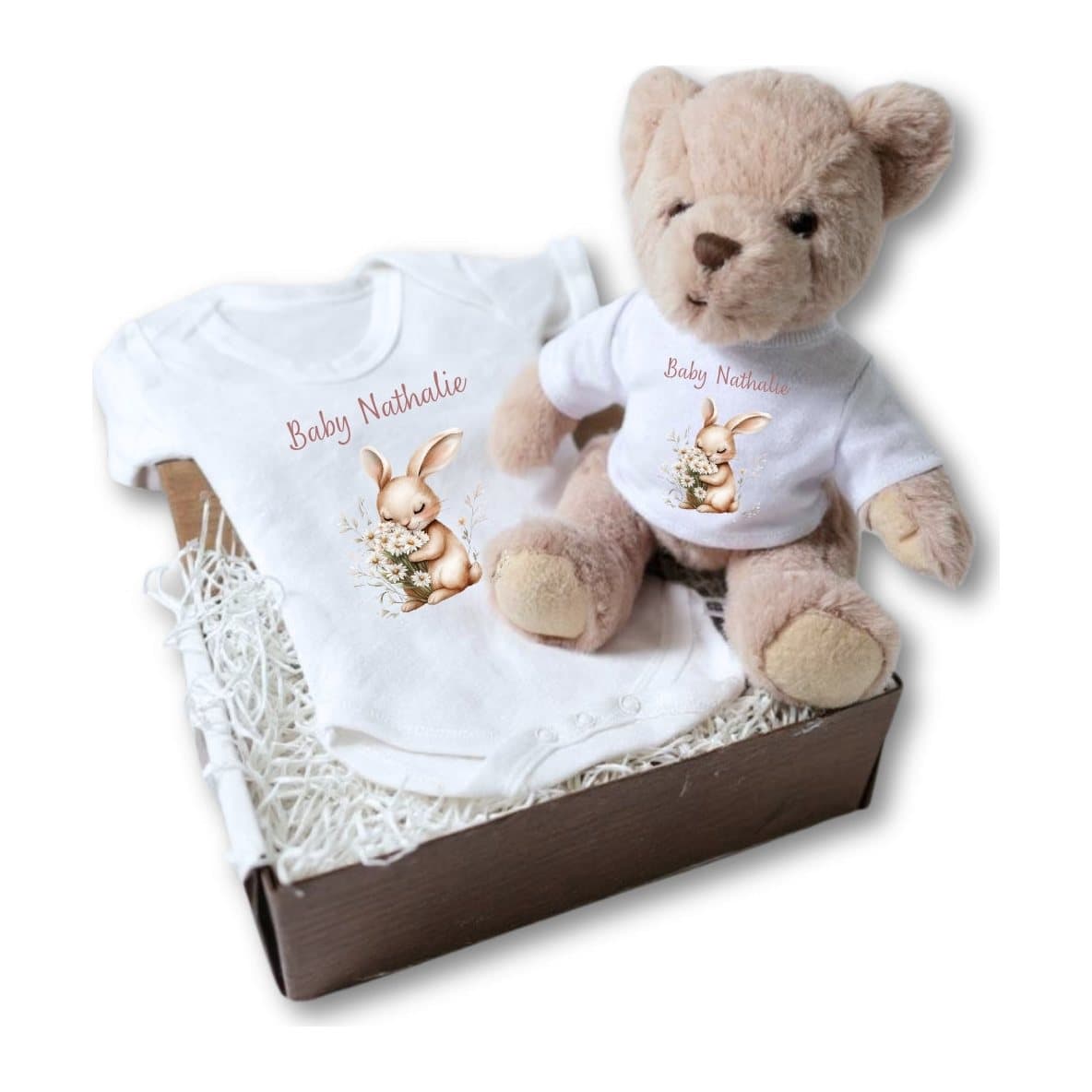 Personalised daisy bunny baby vest and teddy bear in a white box