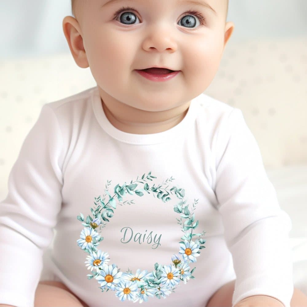 Personalised daisy floral circle baby vest, babygrow or bib with a name