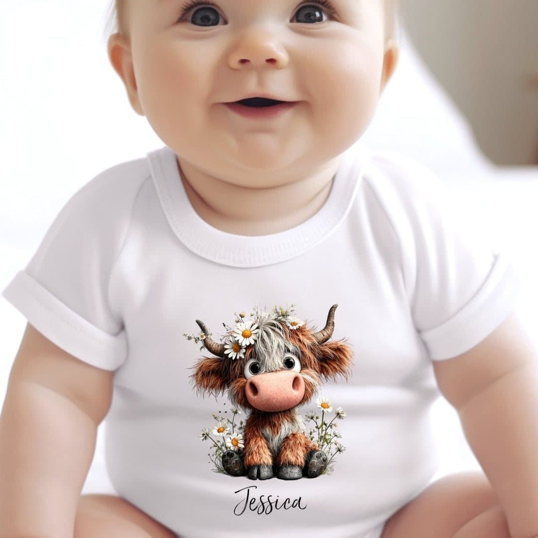Personalised baby grow with a Highland cow design