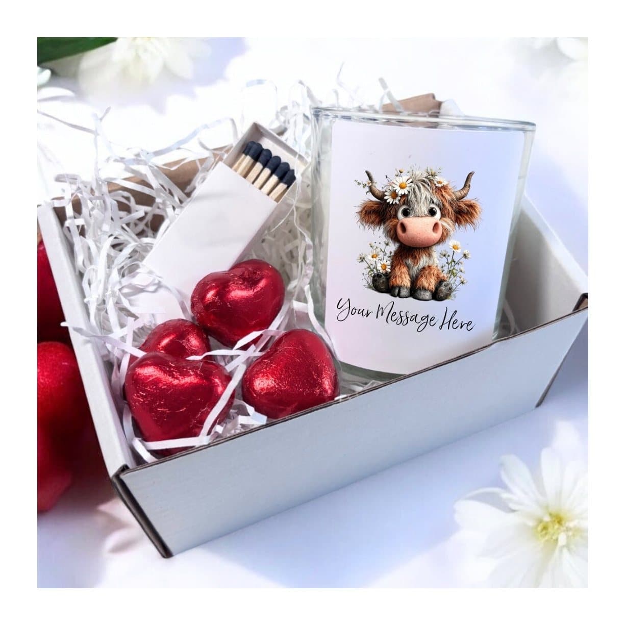 Personalised Daisy Highland cow candle gift set with milk chocolate hearts