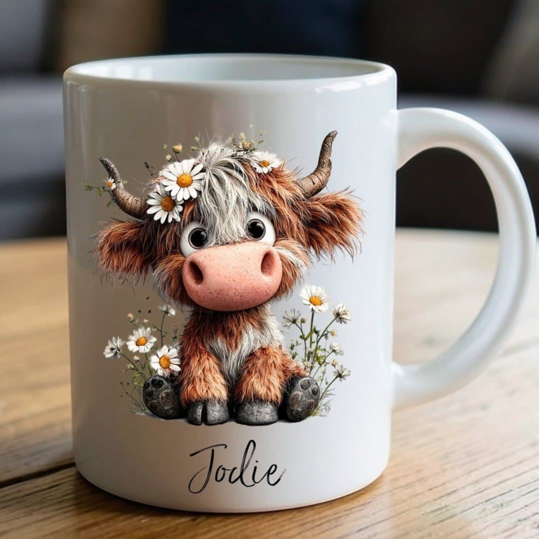Personalised ceramic mug with a cheerful daisy design printed on it