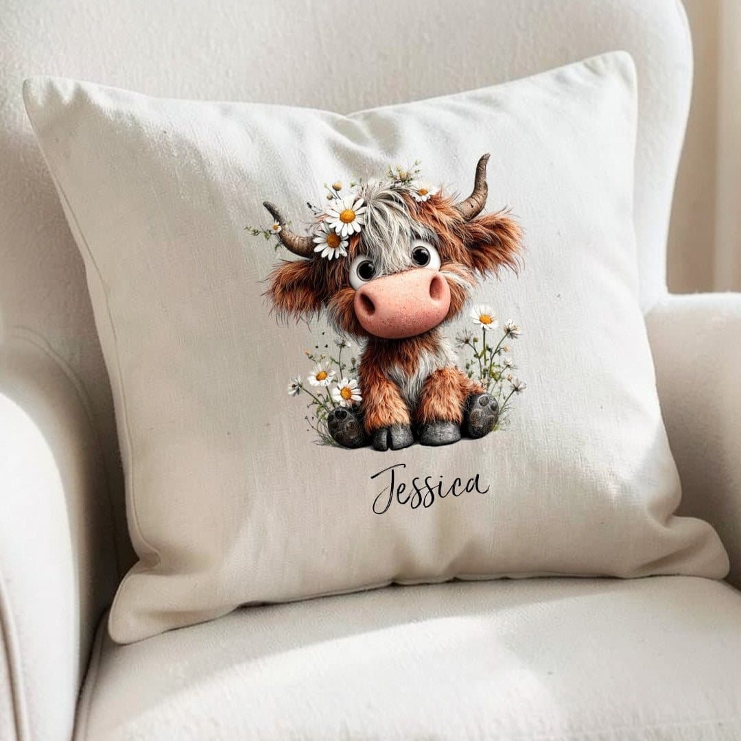 Personalised daisy highland cow cushion with cartoon cow and daisies
