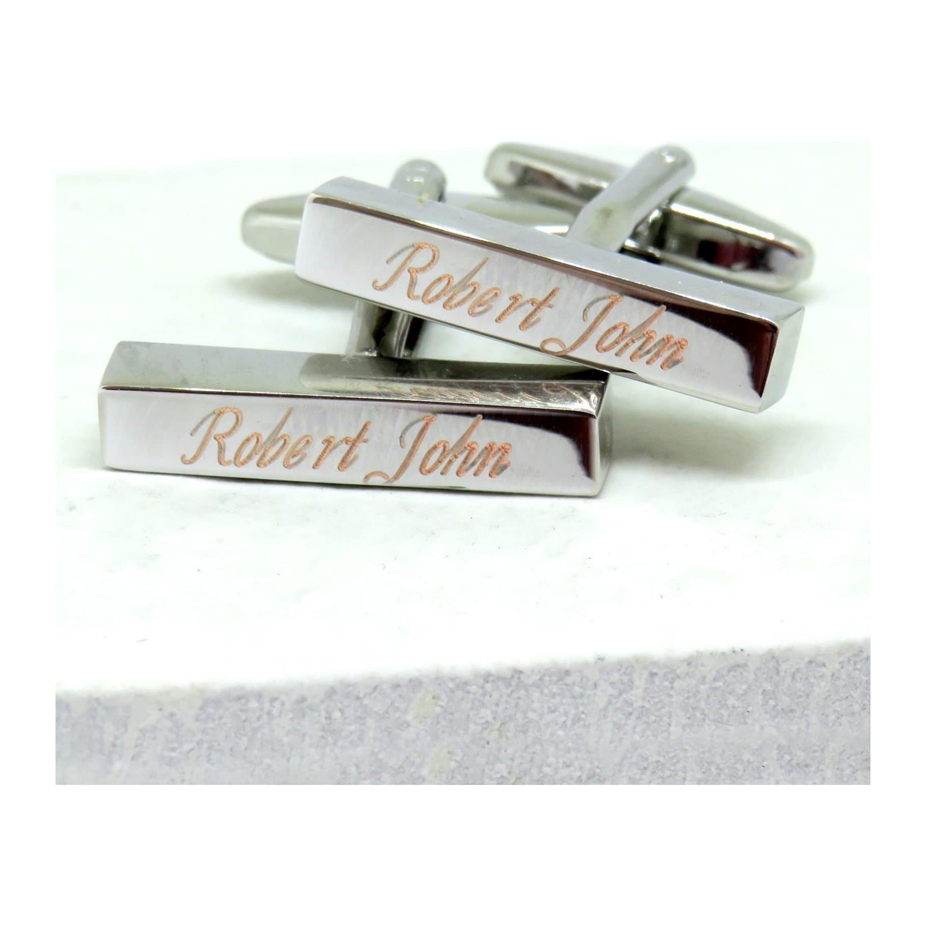Personalised deco bar cufflinks in a high polished, silver coloured finish
