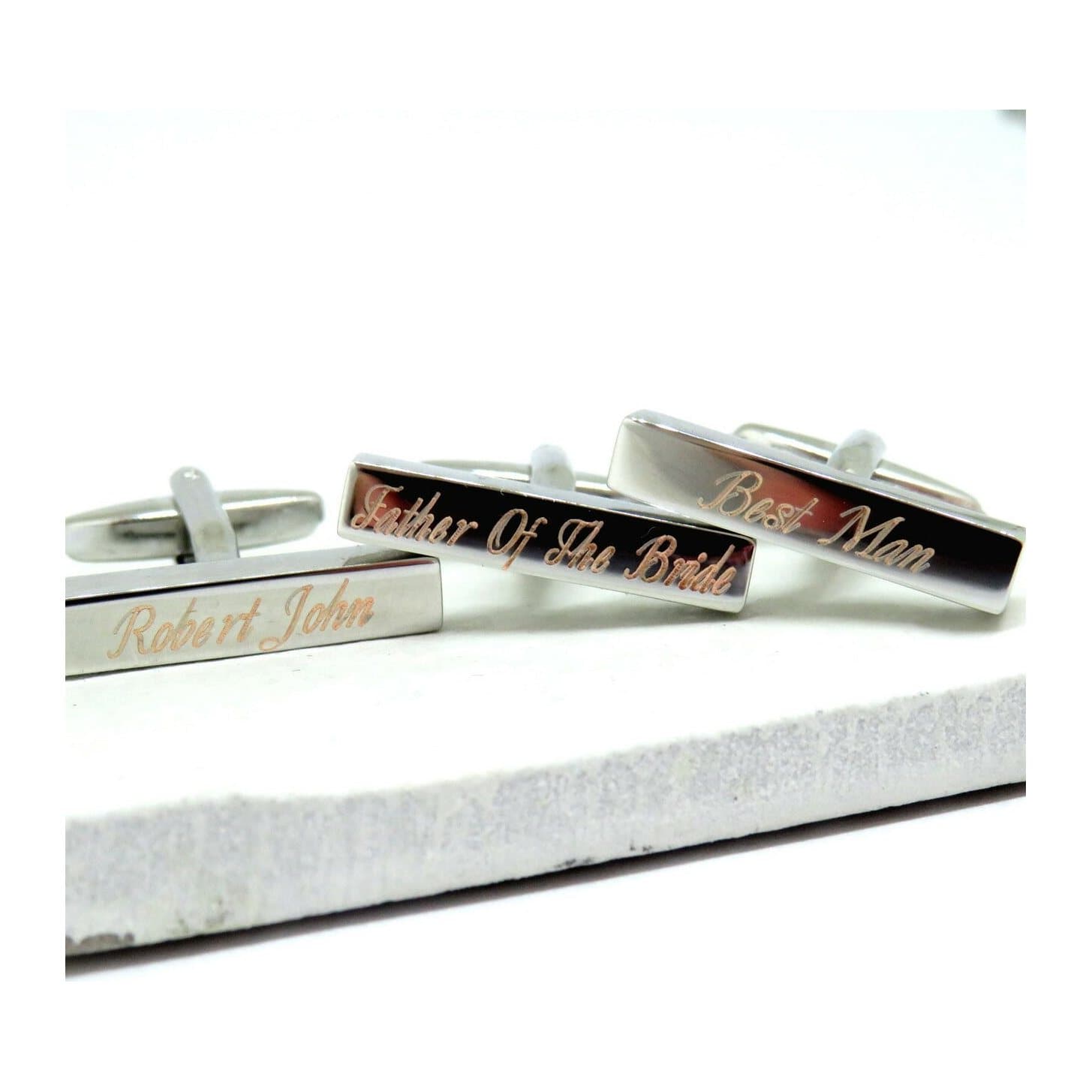 Personalised deco bar cufflinks in silver-coloured rhodium plating for a wedding.