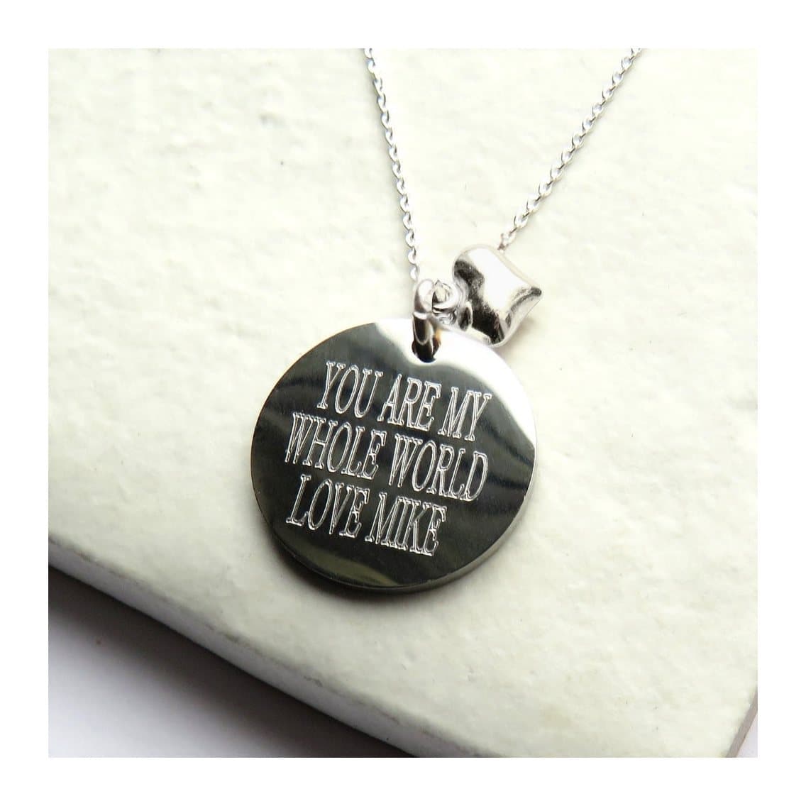 Silver disc and mini heart personalised necklace on a fine chain