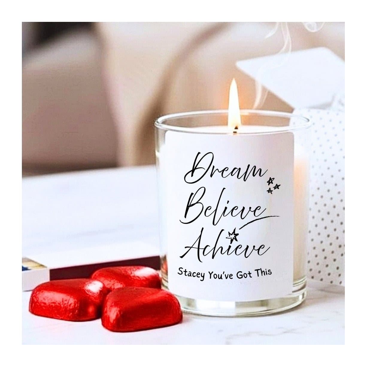 Personalised Dream Believe Achieve candle gift set with milk chocolate hearts and matches