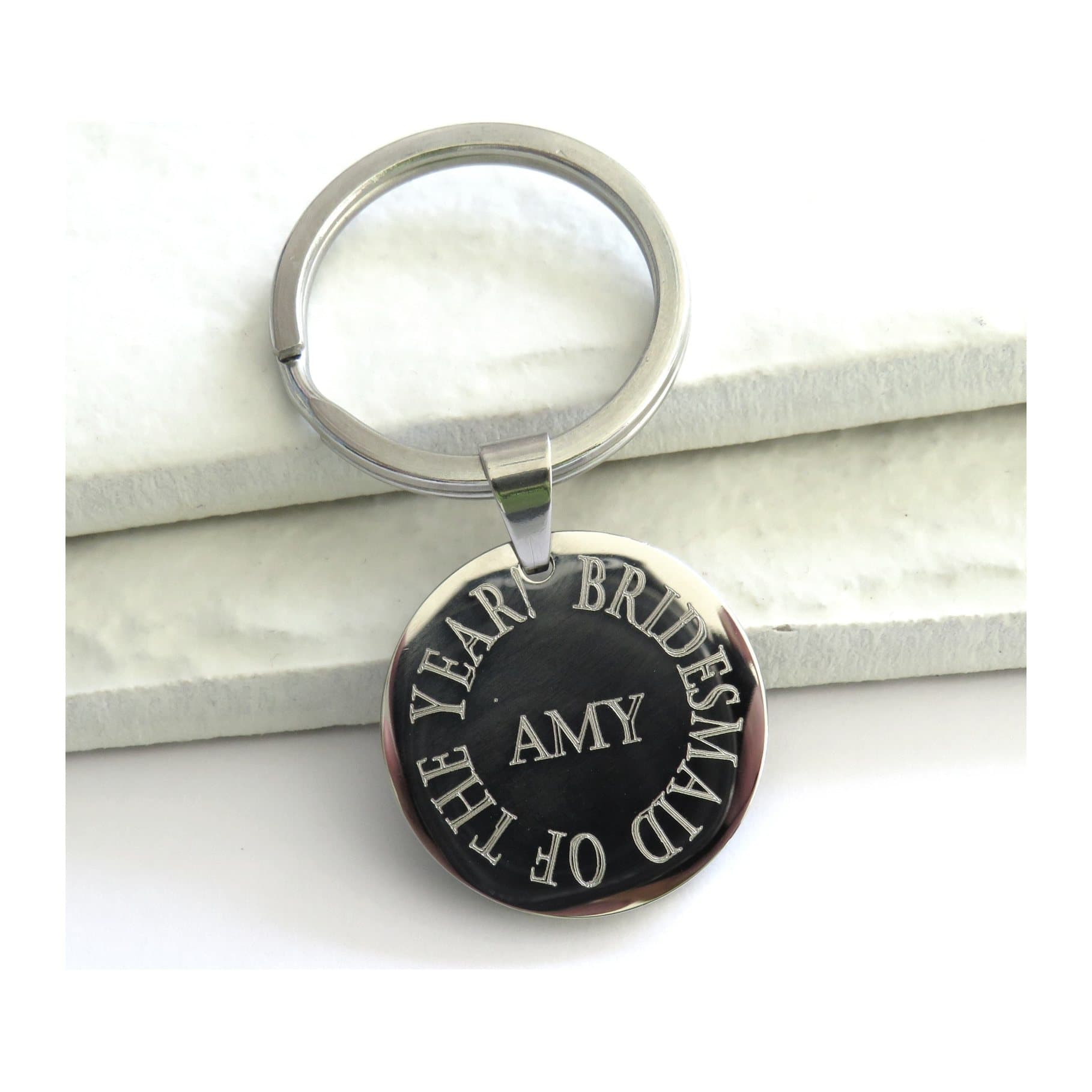 Round polished stainless steel personalised keyring for bridesmaids