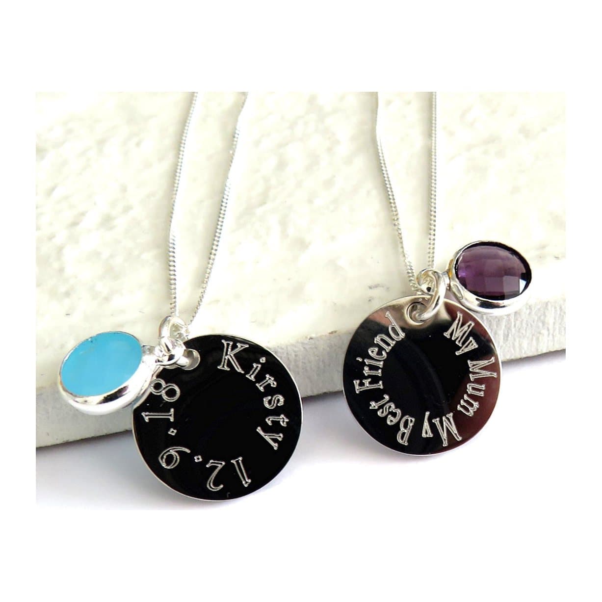 Personalised birthstone necklace with an engraved round disc and birthstone charm