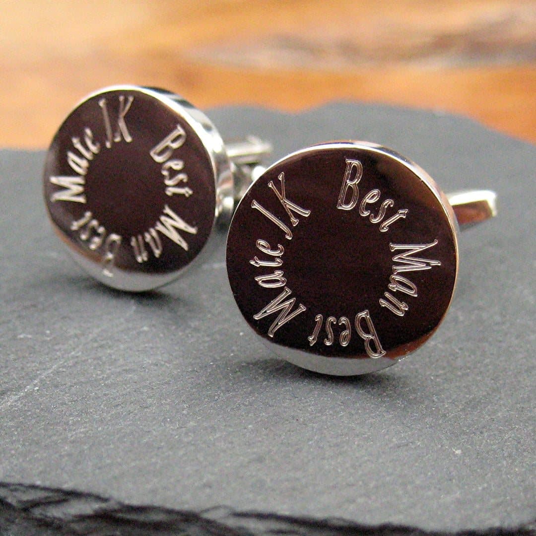Round silver-coloured personalised best man cufflinks