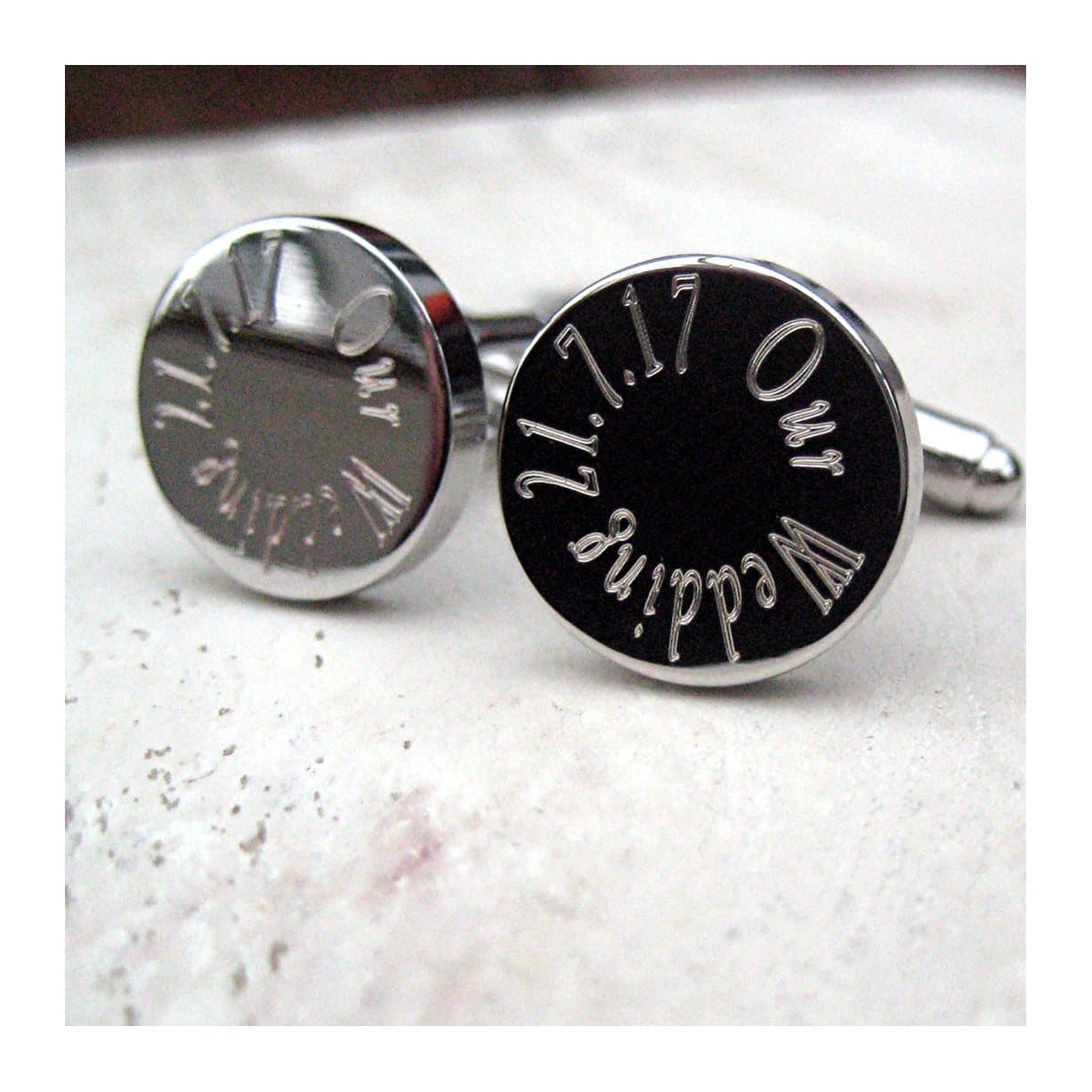 Round silver-coloured personalised wedding cufflinks