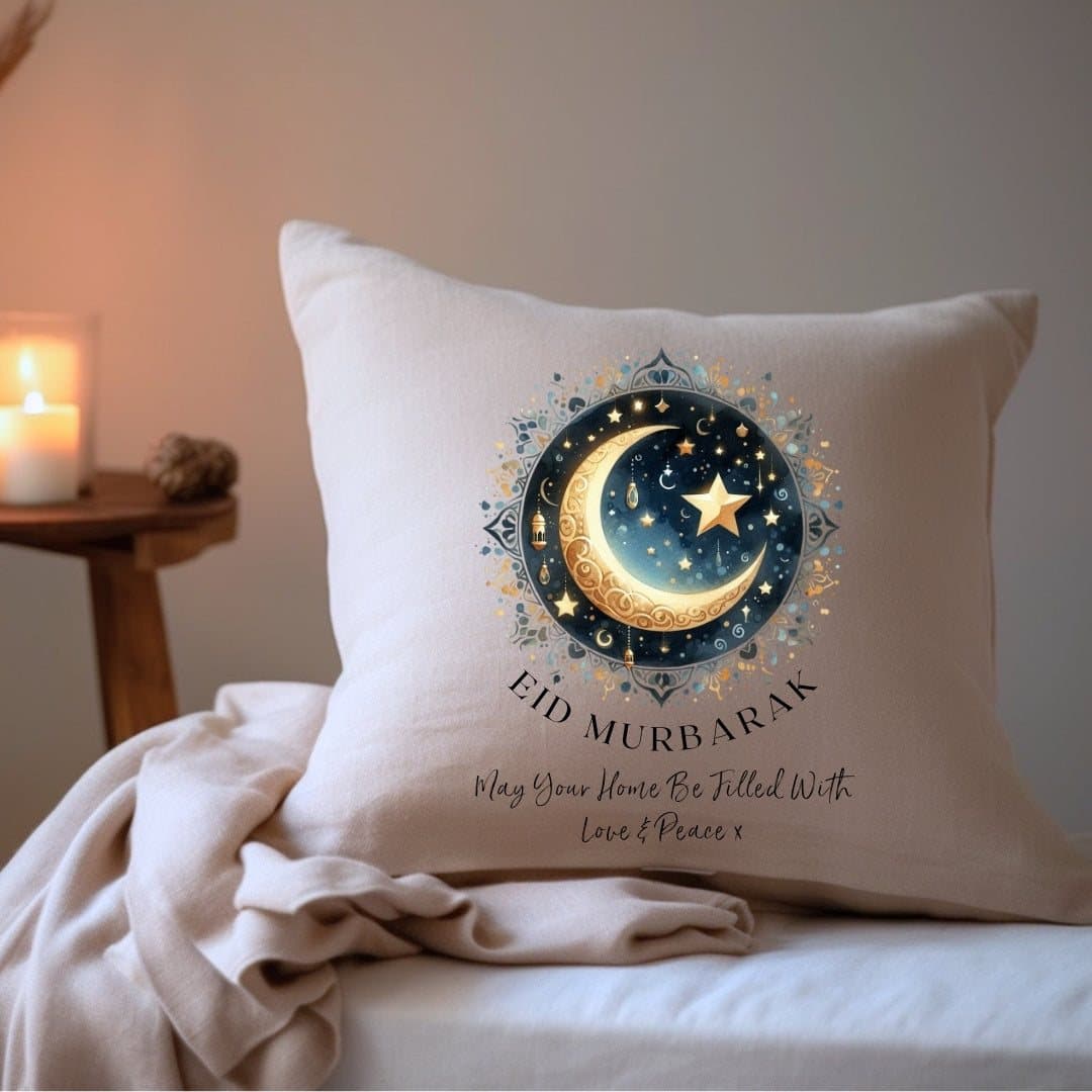 Personalised Eid Mubarak cushion in linen-look fabric with Eid Mubarak design