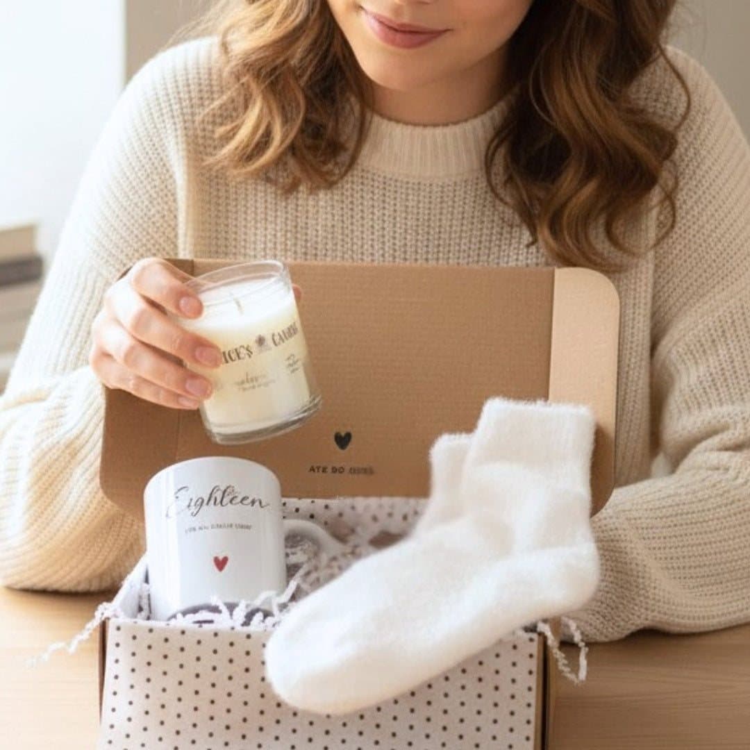 Eighteen Birthday mug, fluffy socks, scented candle and matches in a gift hamper