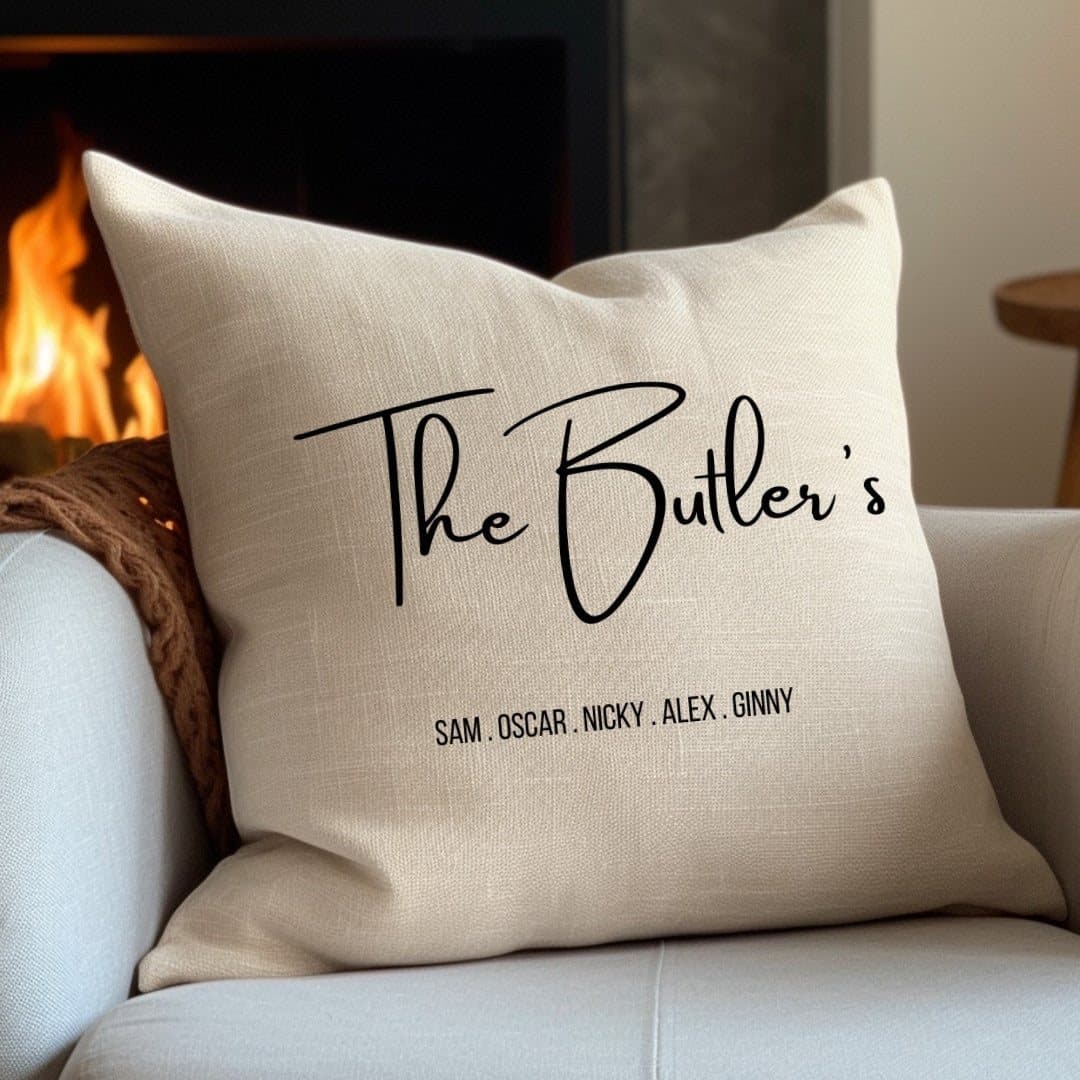 Cream personalised family name cushion with linen-look fabric and woven finish