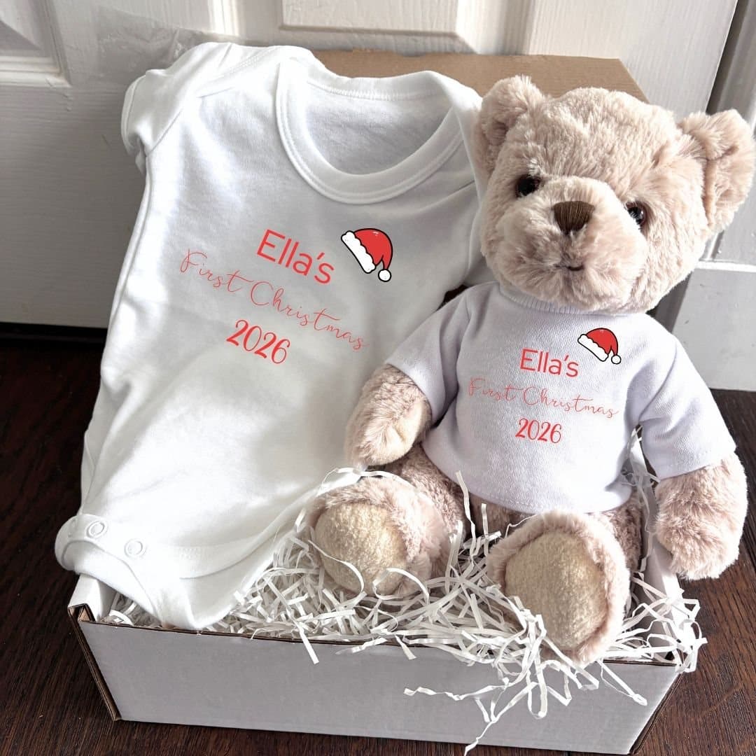 Personalised first Christmas baby gift set with a Santa hat design vest and teddy