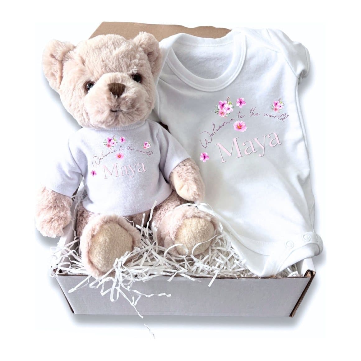 Personalised Floating Flowers baby gift box with a teddy and baby vest