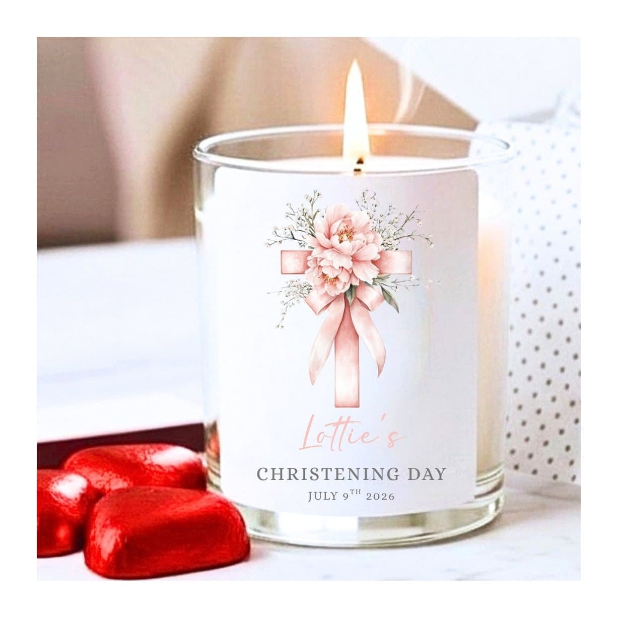 Personalised floral cross christening candle with chocolate hearts and matches