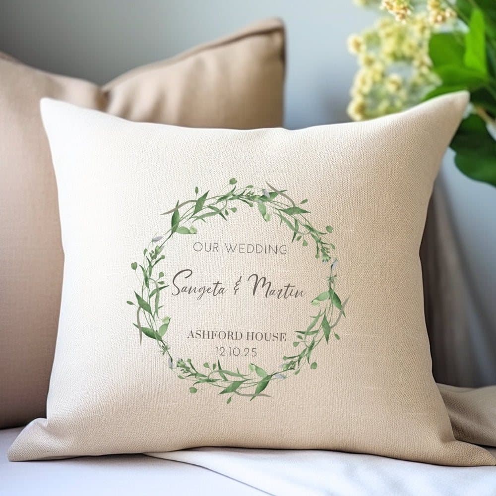 Green floral personalised wedding cushion on cream linen-effect fabric