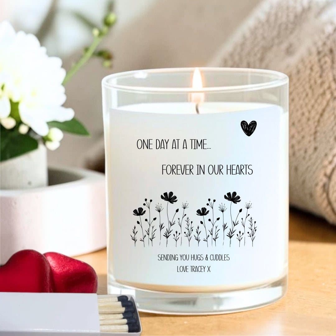 Personalised scented candle with red foil chocolate hearts and matches in a gift box
