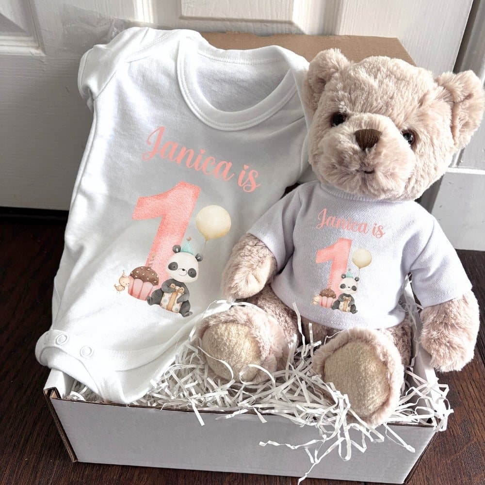 Personalised girls 1st birthday gift box with a teddy bear and baby vest