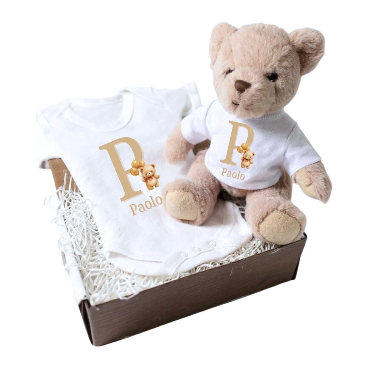 Golden teddy bear baby gift box with a teddy and a personalised baby vest