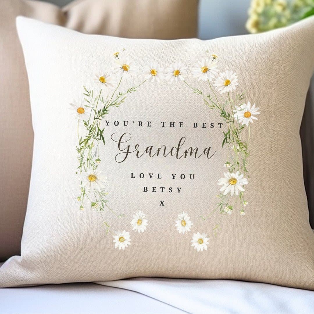 Cream personalised daisy flower cushion in linen-look fabric
