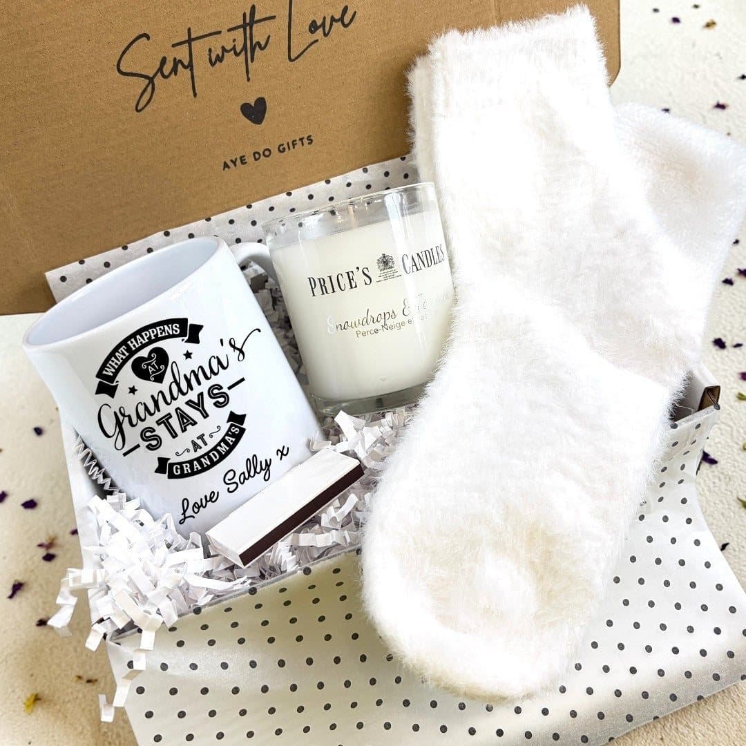 Personalised Grandma's House mug, scented candle and fluffy socks in a gift hamper