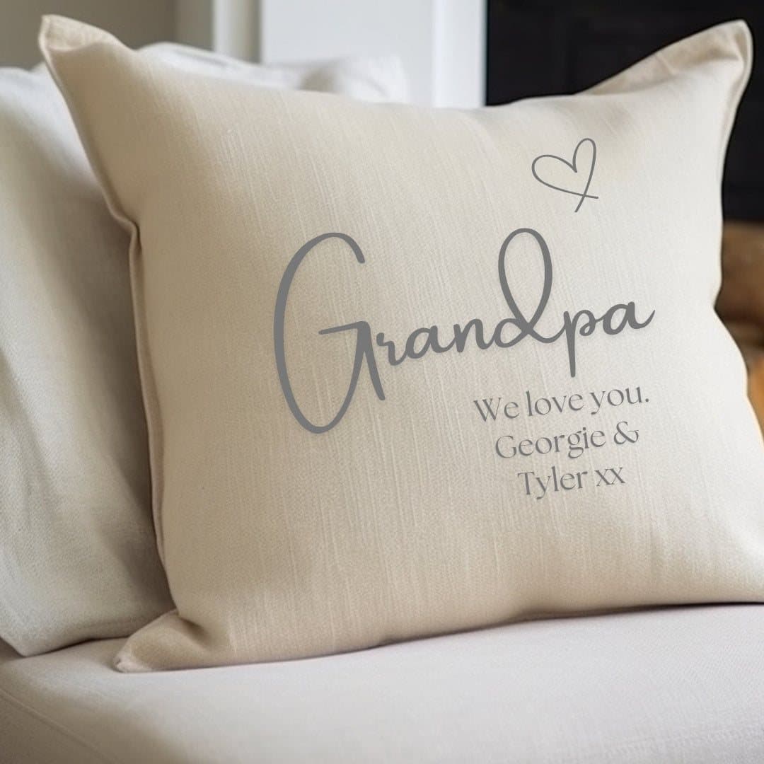 Cream linen-effect personalised cushion with a name and message