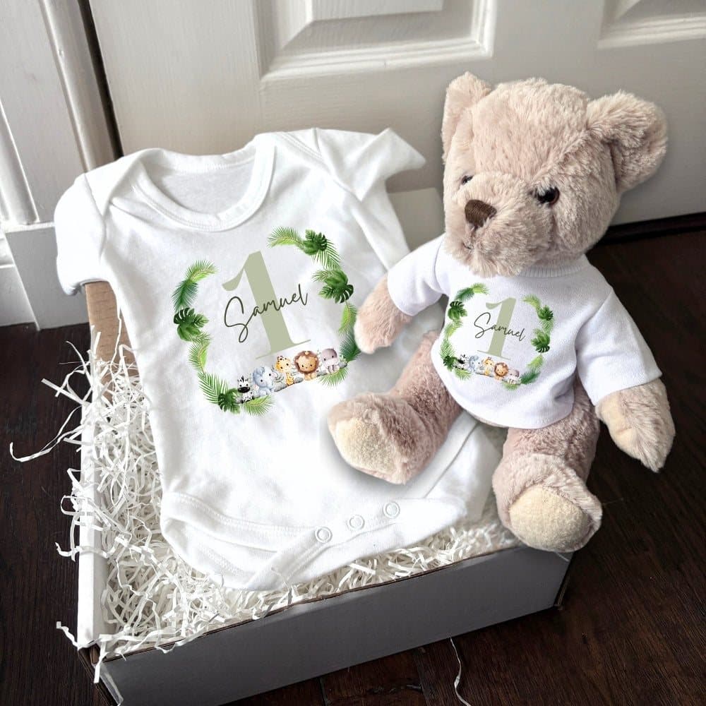 Personalised baby vest in the Green Boys 1st design, with a teddy bear