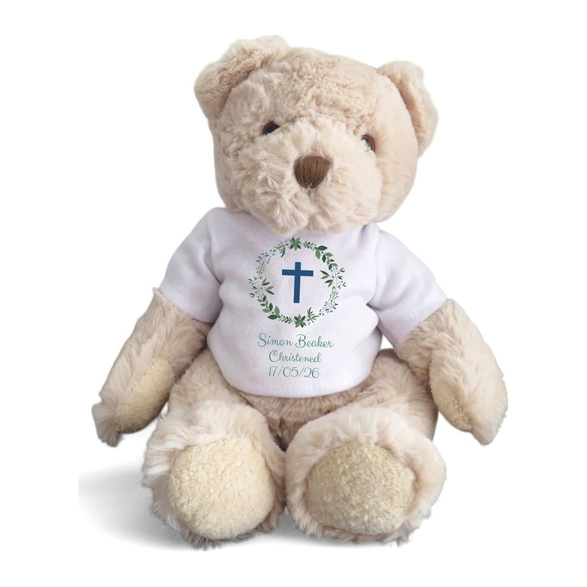 A green christening baby gift box with a teddy and a personalised baby vest.