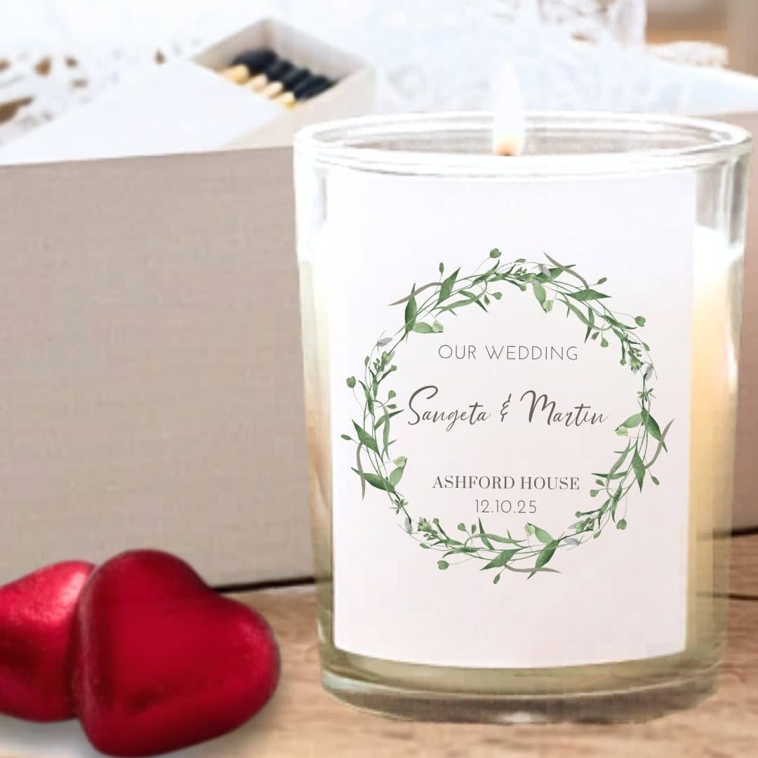 Green floral personalised candle gift set with milk chocolate hearts and matches