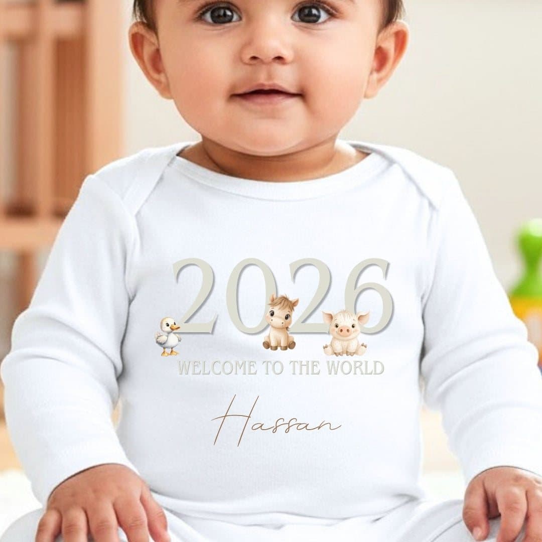 Personalised grey farm animals baby grow with grey-green artwork