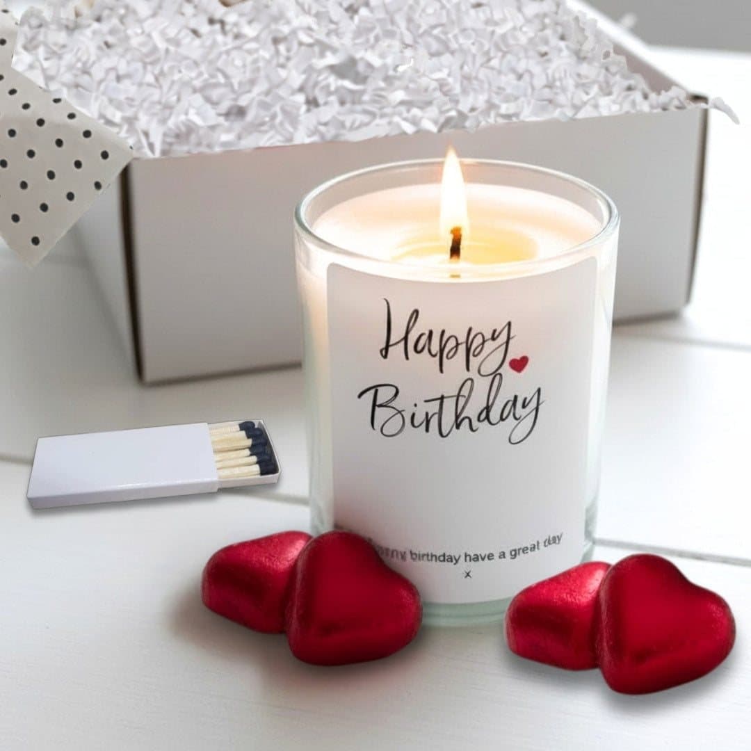 Personalised birthday candle gift set with red foil chocolate hearts and matches