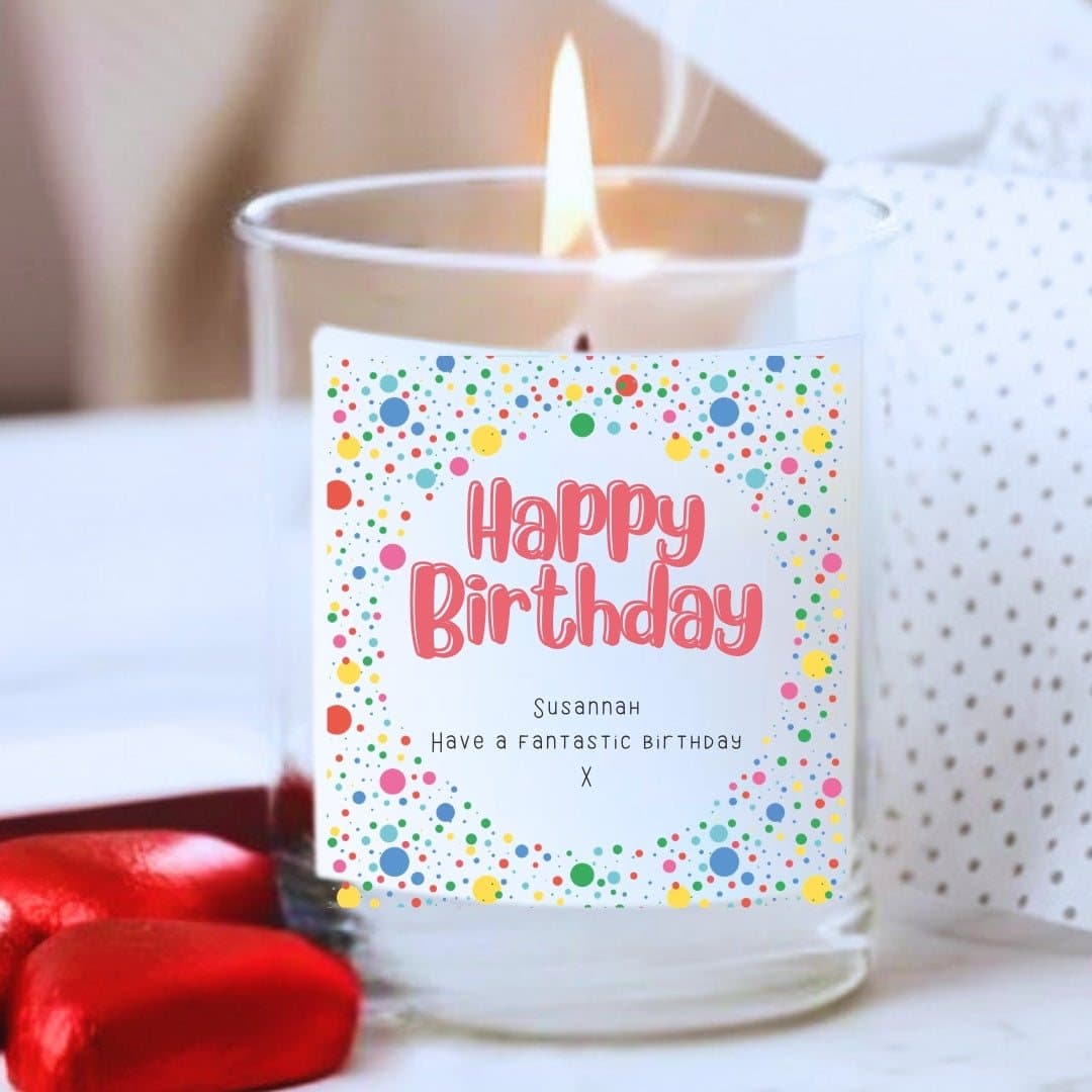 Personalised birthday candle gift set with a colourful design and the words Happy Birthday