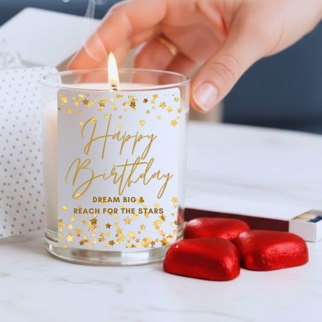 Personalised birthday candle gift set with golden stars, matches and chocolate hearts
