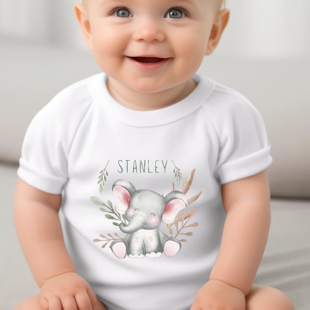 Happy elephant gift hamper with a teddy bear and a personalised baby vest