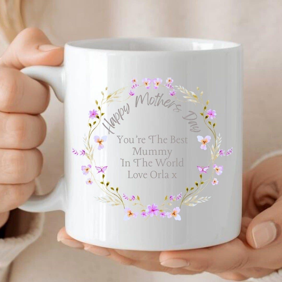 Personalised Mother's Day mug with a flower design printed on both sides