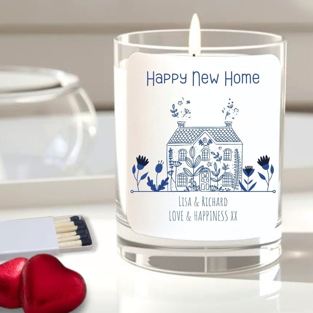 Personalised new home candle with a little house and Happy new Home wording