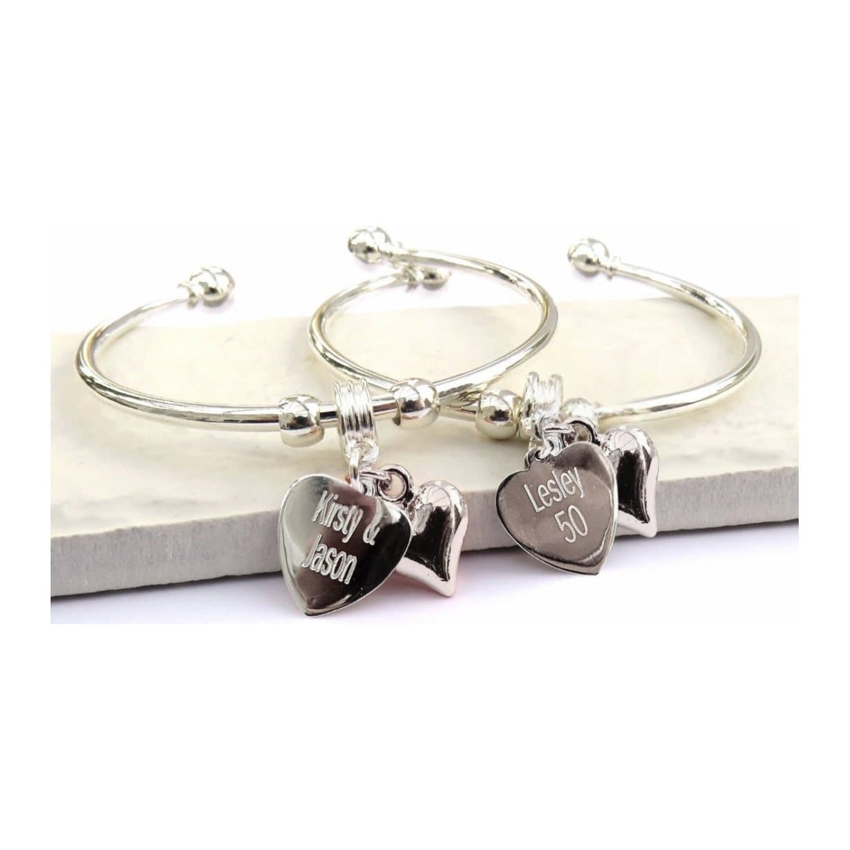Silver plated personalised bangle with a sterling silver heart charm