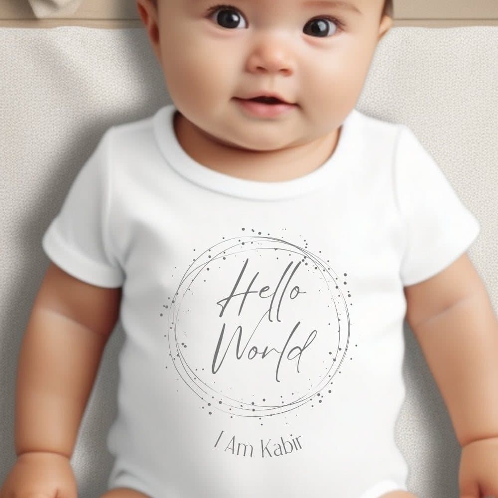 Personalised Hello World baby outfit with a chosen name