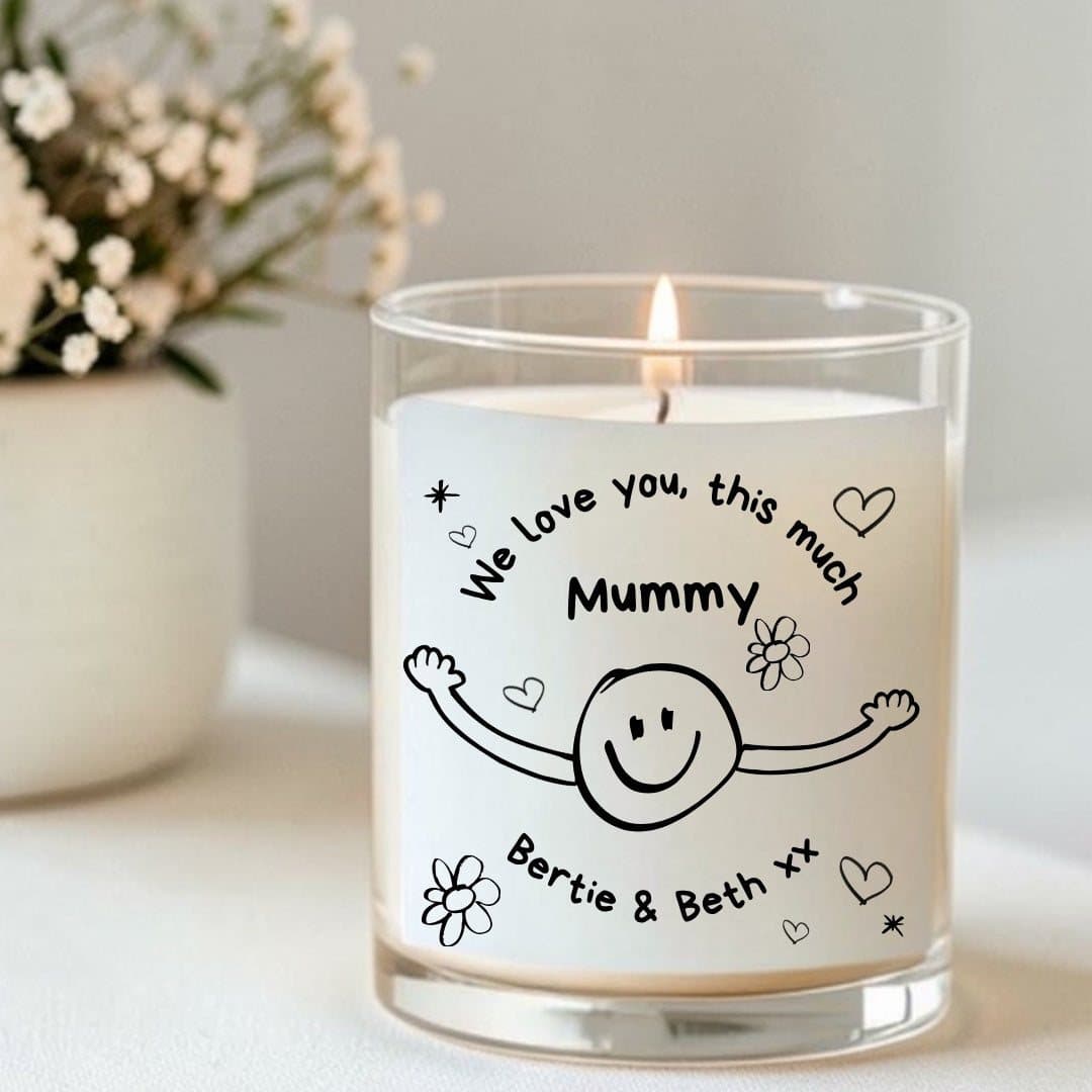 Personalised scented candle gift set with red foiled milk chocolate hearts and matches