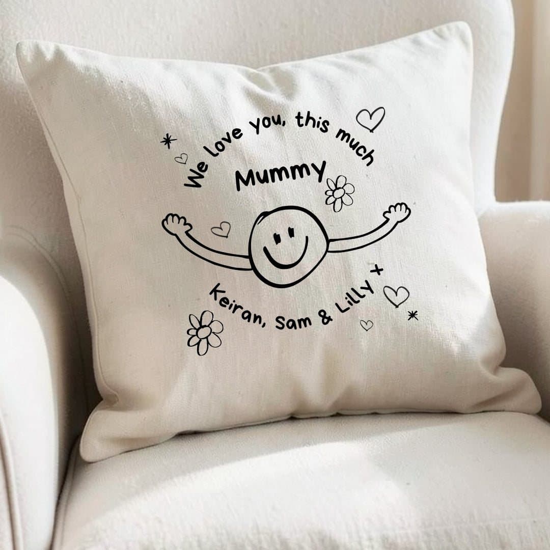 Personalised I Love You This Much cushion with a child's artwork, name and message