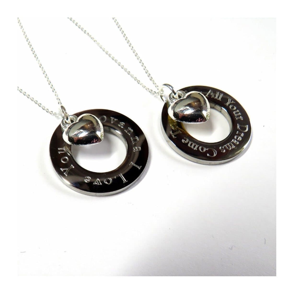 Personalised infinity necklace with a heart charm and a round stainless steel disc