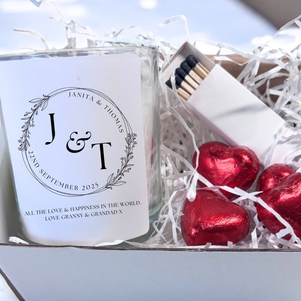 Personalised initials candle gift set with milk chocolate hearts and matches