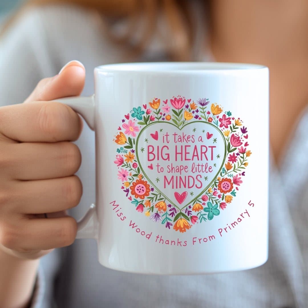 Personalised teacher ceramic mug with a teacher-themed design